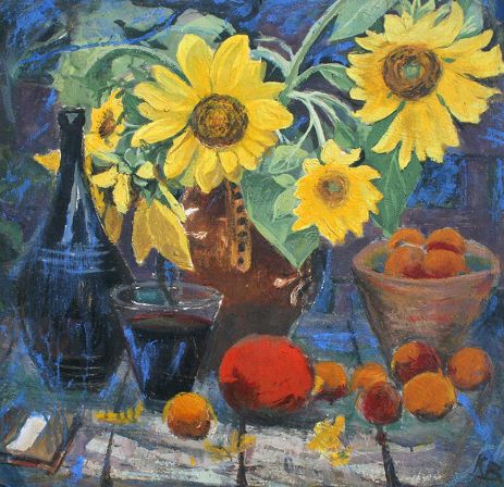 Still-life with sunflower seeds and fruits.